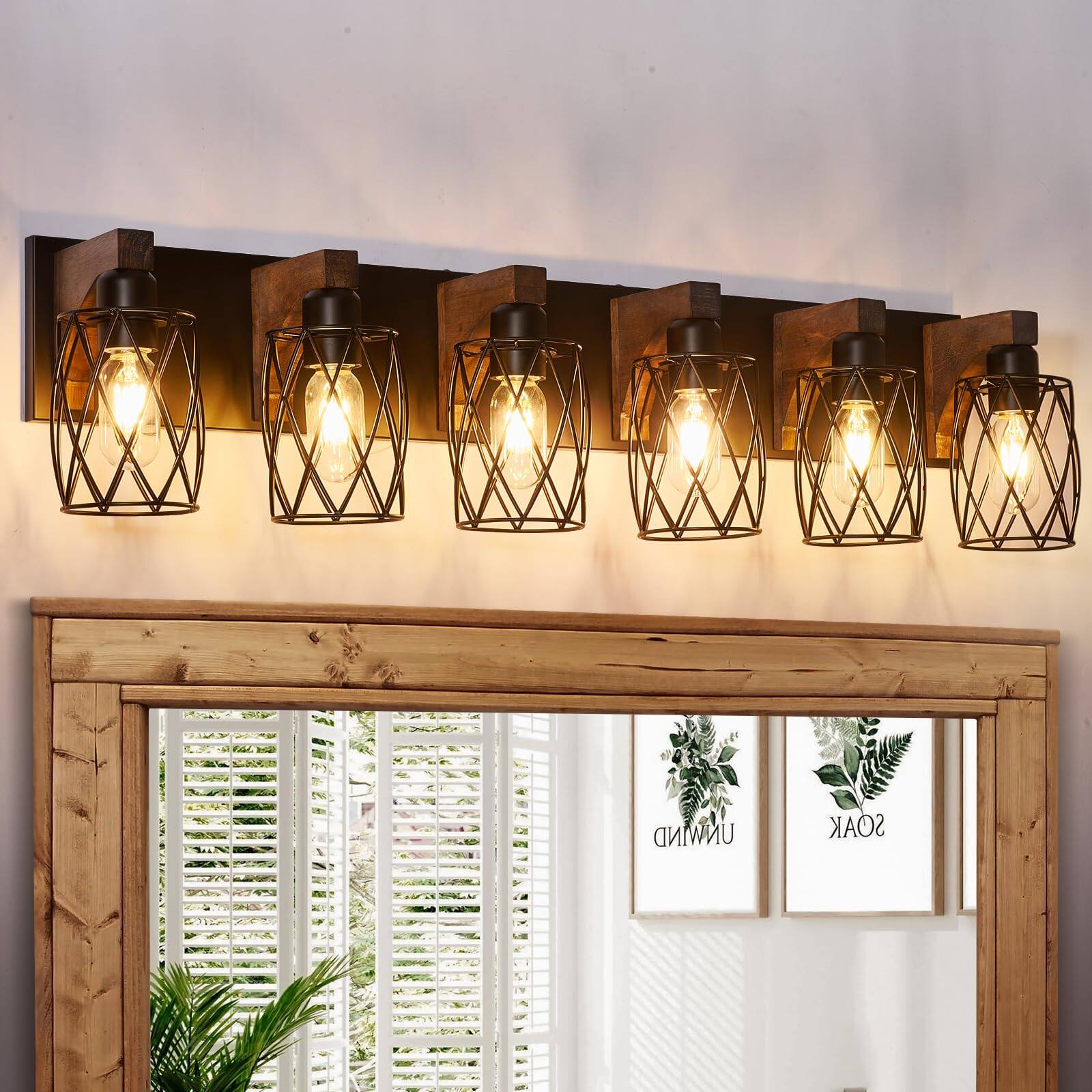 Earthley Blooms - Farmhouse Bathroom Vanity Light 3-light Wood Fixtures Over Mirror Industrial Lights With Metal Shade Rust - 6-Light