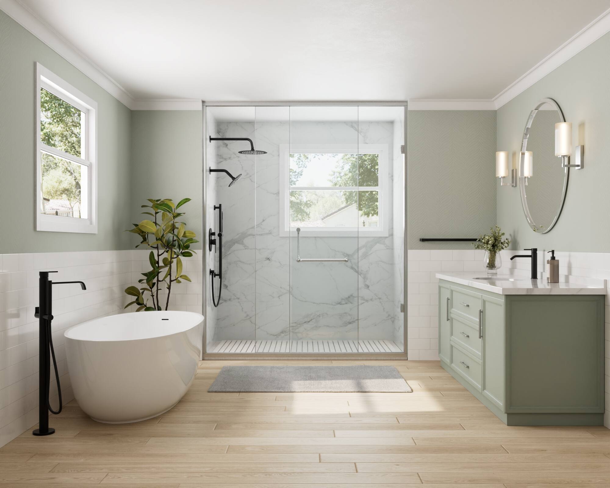 Left. GRANDJOY - Wall Mounted Shower System Set with 10" Rainfall Shower Head, Handheld Shower and Adjustable Slide Bar - Matte Black.