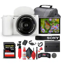 Sony - ZV-E10 Mirrorless Camera with 16-50mm II Lens (White) + 64GB Memory Card + Bag + More (International Model)