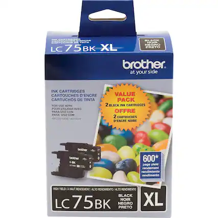 **Brother LC75BK XL**
**Ink Cartridges**
- Ink Cartridges
- Cartouches d'encre
- Cartuchos de tinta
- Cartuchos de tinta
**Black Ink Cartridges**
- Noir
- Negro
- Preto
**For Use With**
- Pour utiliser avec
- Para usar con
- Para uso con
- Para uso con
- MFC-J6510DW / J6710DW
**Value Pack**
- Offre 2 cartouches d'encre noire
- 2 black ink cartridges
**High Yield**
- High Yield
- A haut rendement
- Alto rendimiento
- Alto rendimento
**Page Yield**
- 600* page yield
- rendement
- rendimiento
- rendimento
**XL**
- XL
**LC75BK**