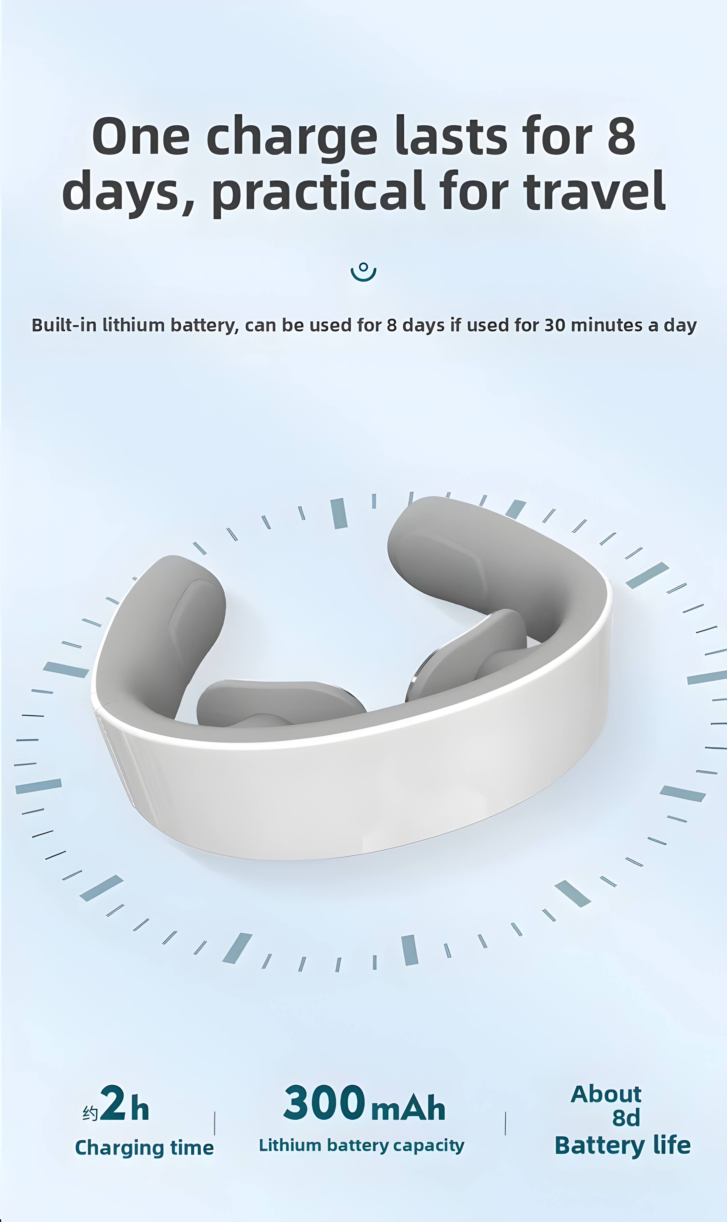 One charge lasts for 8 days, practical for travel

Built-in lithium battery, can be used for 8 days if used for 30 minutes a day

2h | Charging time
300 mAh | Lithium battery capacity
About 8d | Battery life