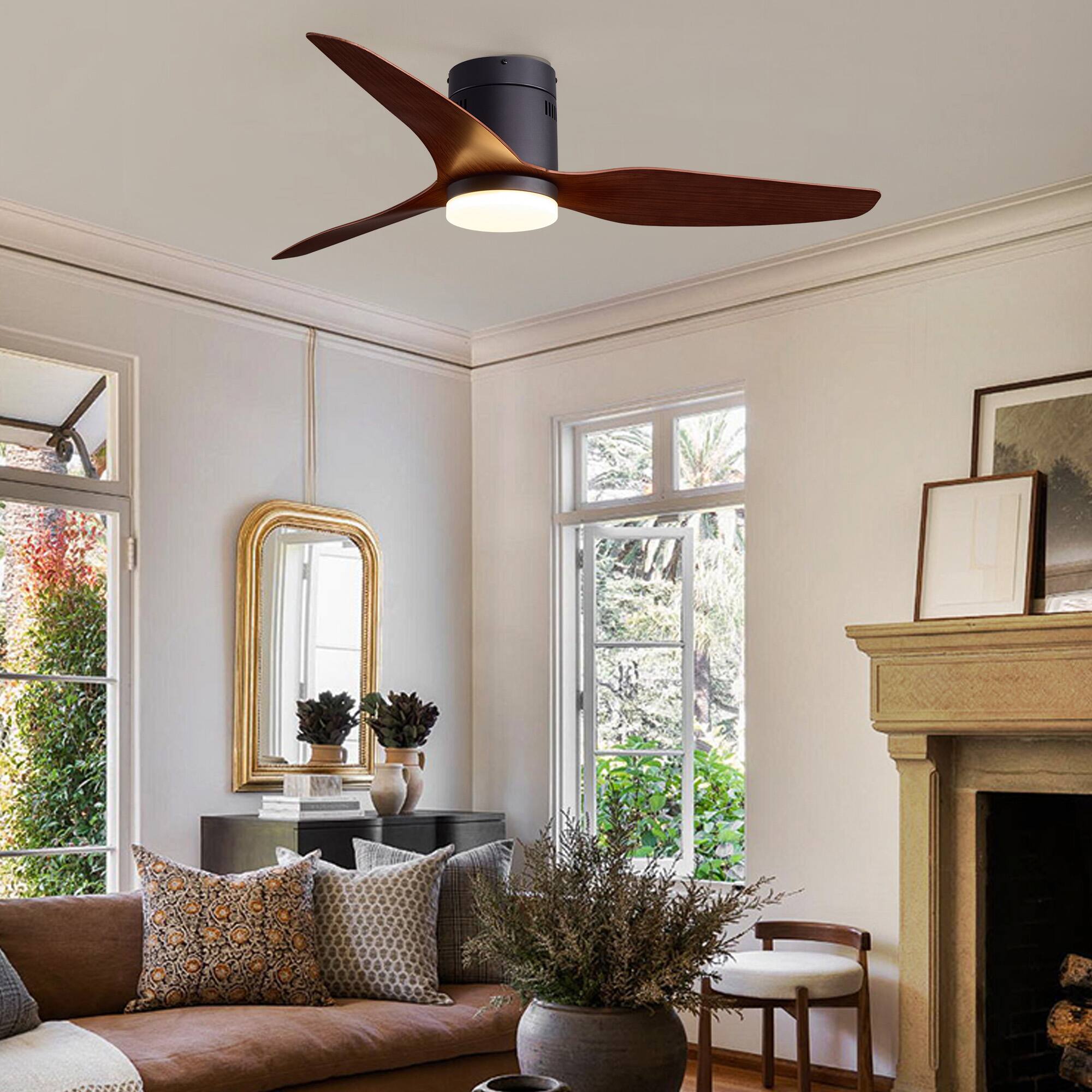 Alt View 1. Siljoy - 52 Inch Low Profile Flush Mount Ceiling Fan LED Light Black Walnut 3 Wood Blades Remote for Bedroom Living Room - Brown.