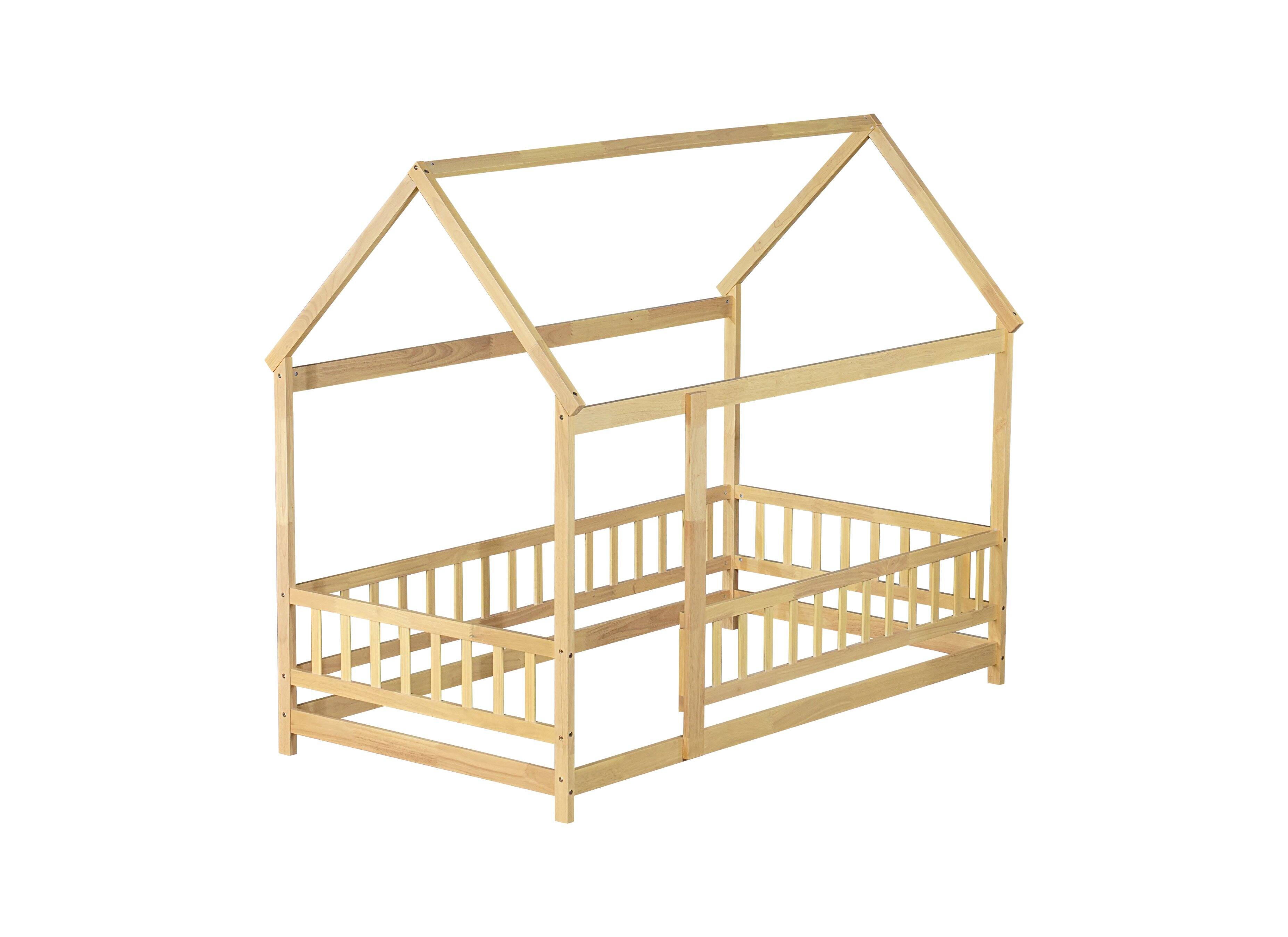 Alt View 10. Tiramisubest - Twin Size House Floor Wooden Bed with Roof Frame,Safety Guardrails,Natural - Natural.