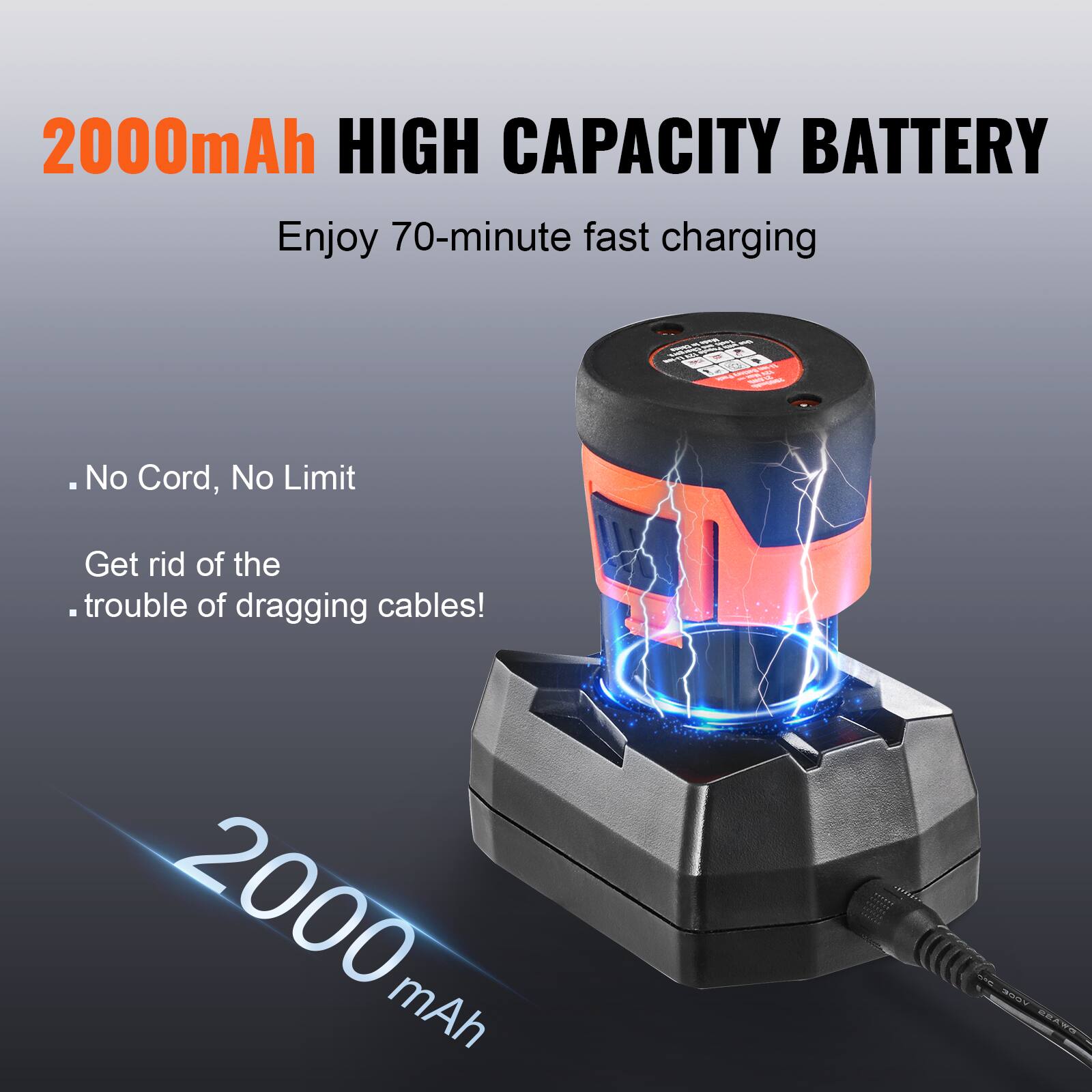 2000mAh HIGH CAPACITY BATTERY, Enjoy 70-minute fast charging, No Cord, No Limit, Get rid of the trouble of dragging cables!, 2000 mAh