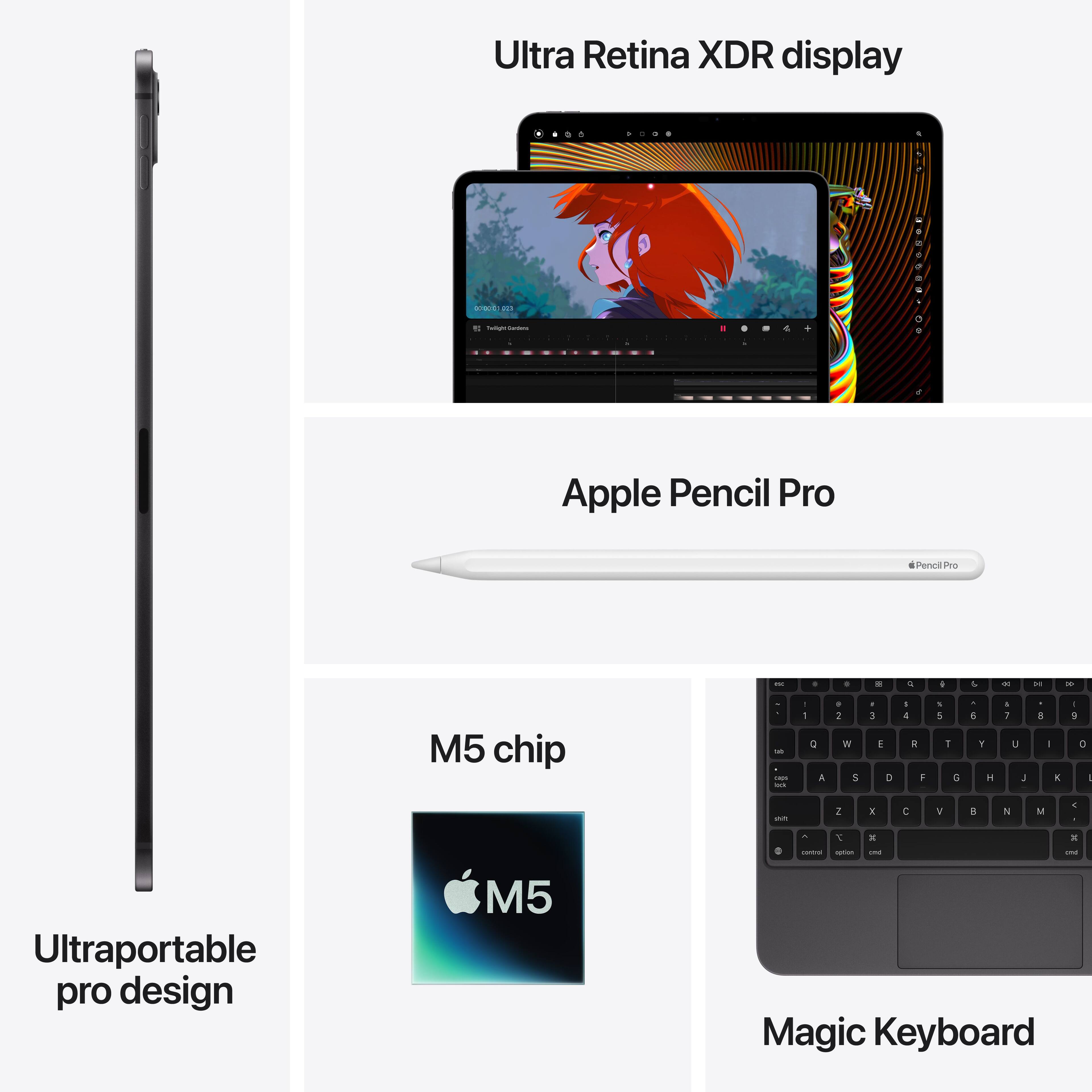 Ultra Retina XDR display  
Apple Pencil Pro  
M5 chip  
Ultraportable pro design  
Magic Keyboard