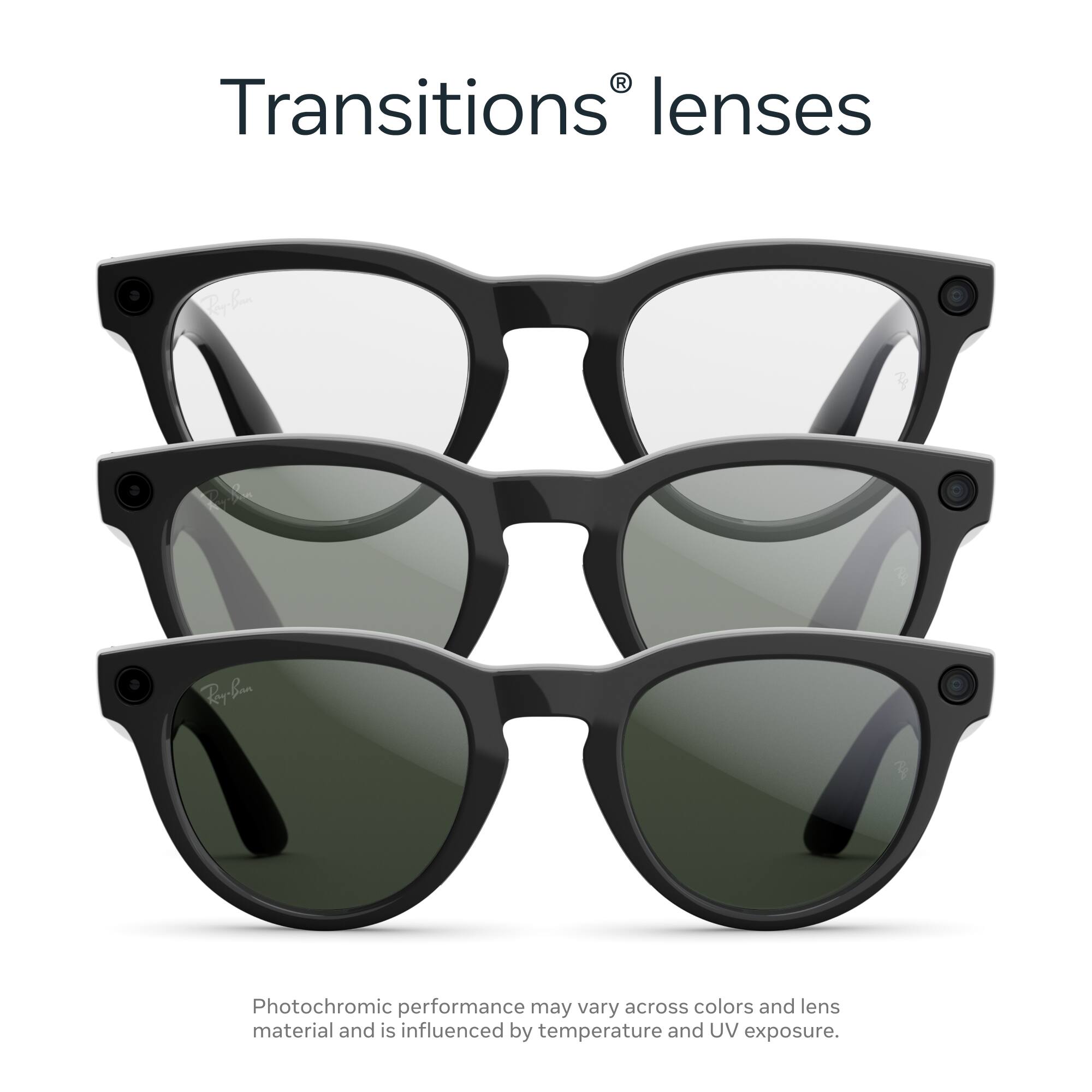 Transitions® lenses

Photochromic performance may vary across colors and lens material and is influenced by temperature and UV exposure.
