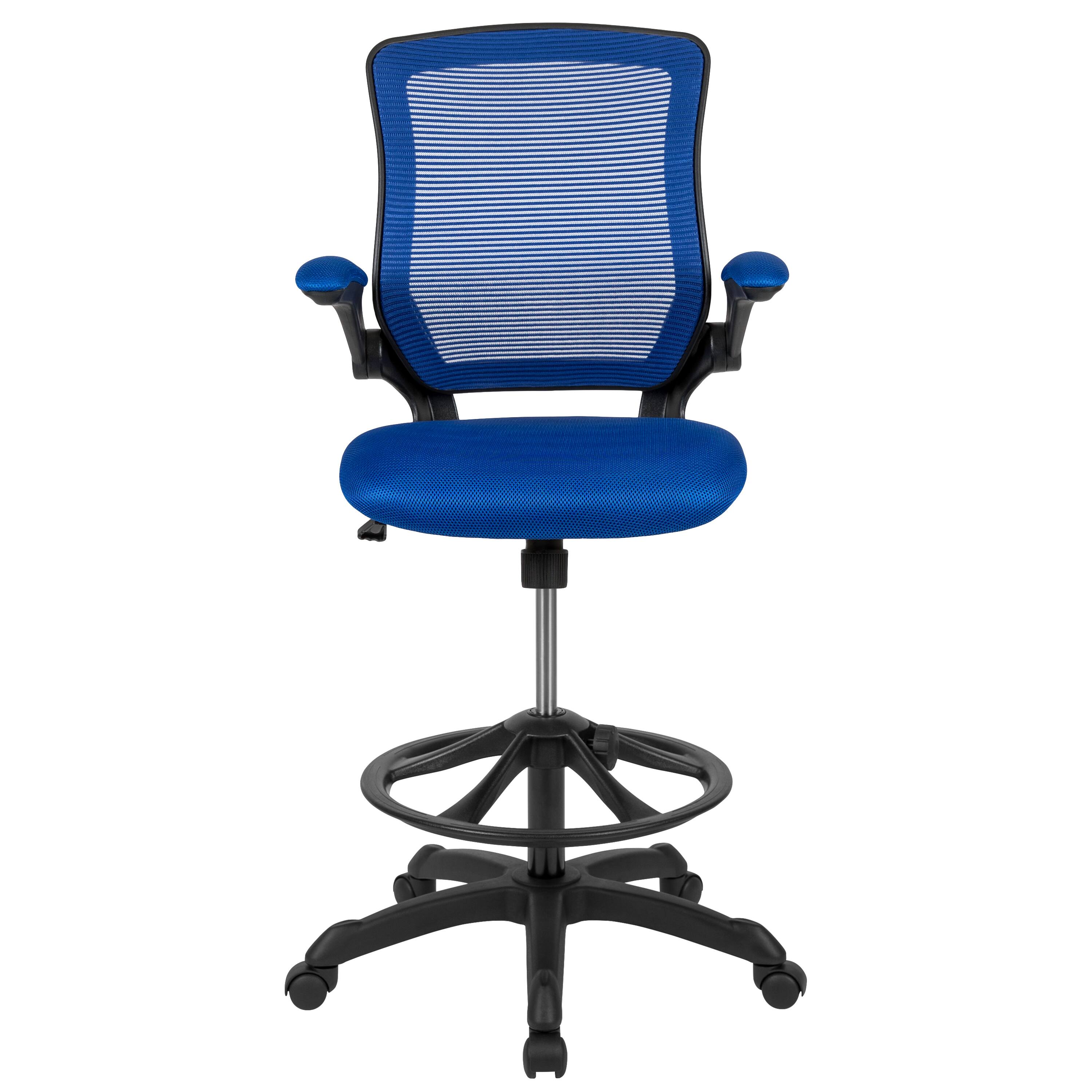 Alt View 7. Emma + Oliver - Mid-Back Mesh Ergonomic Drafting Chair with Foot Ring and Flip-Up Arms - Blue.