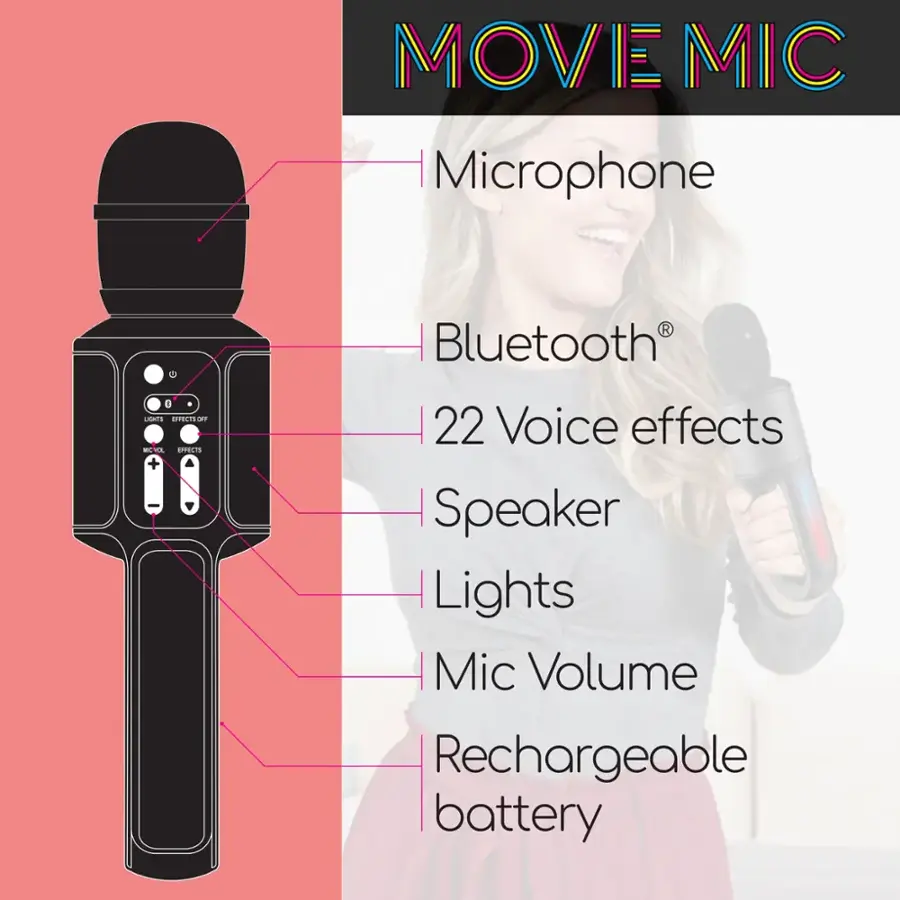 MOVE MIC Microphone - Bluetooth - 22 Voice Effects - Speaker - Lights - Mic Volume - Rechargeable Battery