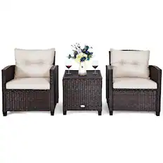 Front. Costway - 3 PCS Patio Rattan Furniture Set Cushioned Conversation Set Sofa - Off-White.
