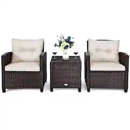 Costway - 3PCS Patio Rattan Furniture Set Cushioned Sofa Coffee Table Garden - Off-White