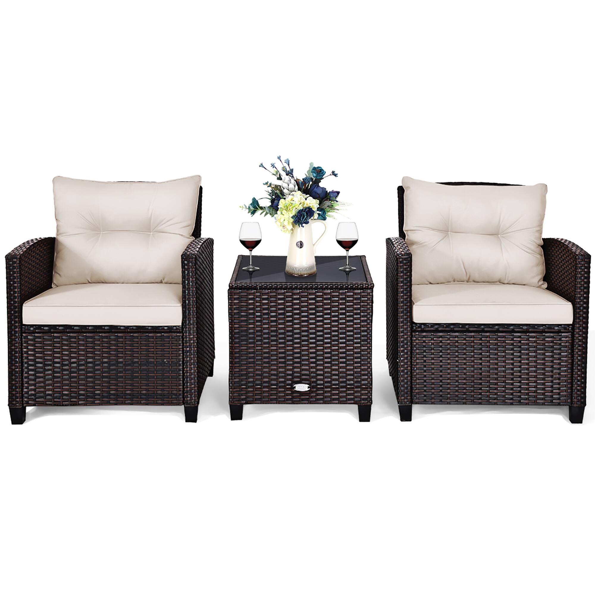 Front. Costway - 3PCS Patio Rattan Furniture Set Cushioned Sofa Coffee Table Garden - Off-White.