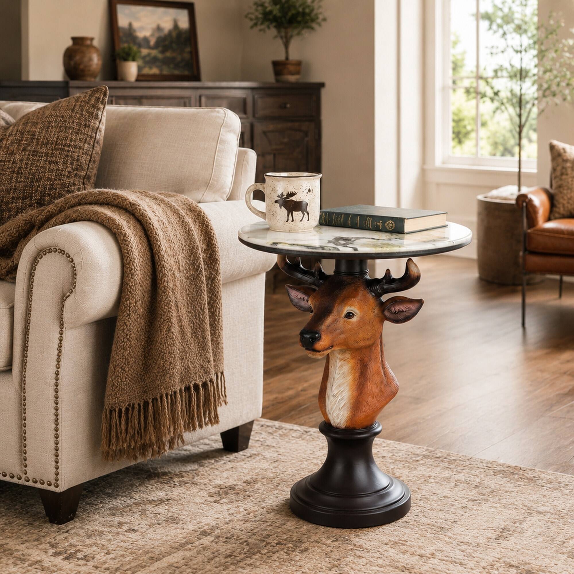 Angle. RYHNUYNE - Deer Head Accent Table with Faux Marble Top for Living Room, Cabin, and Rustic Themed Decor - Brown.