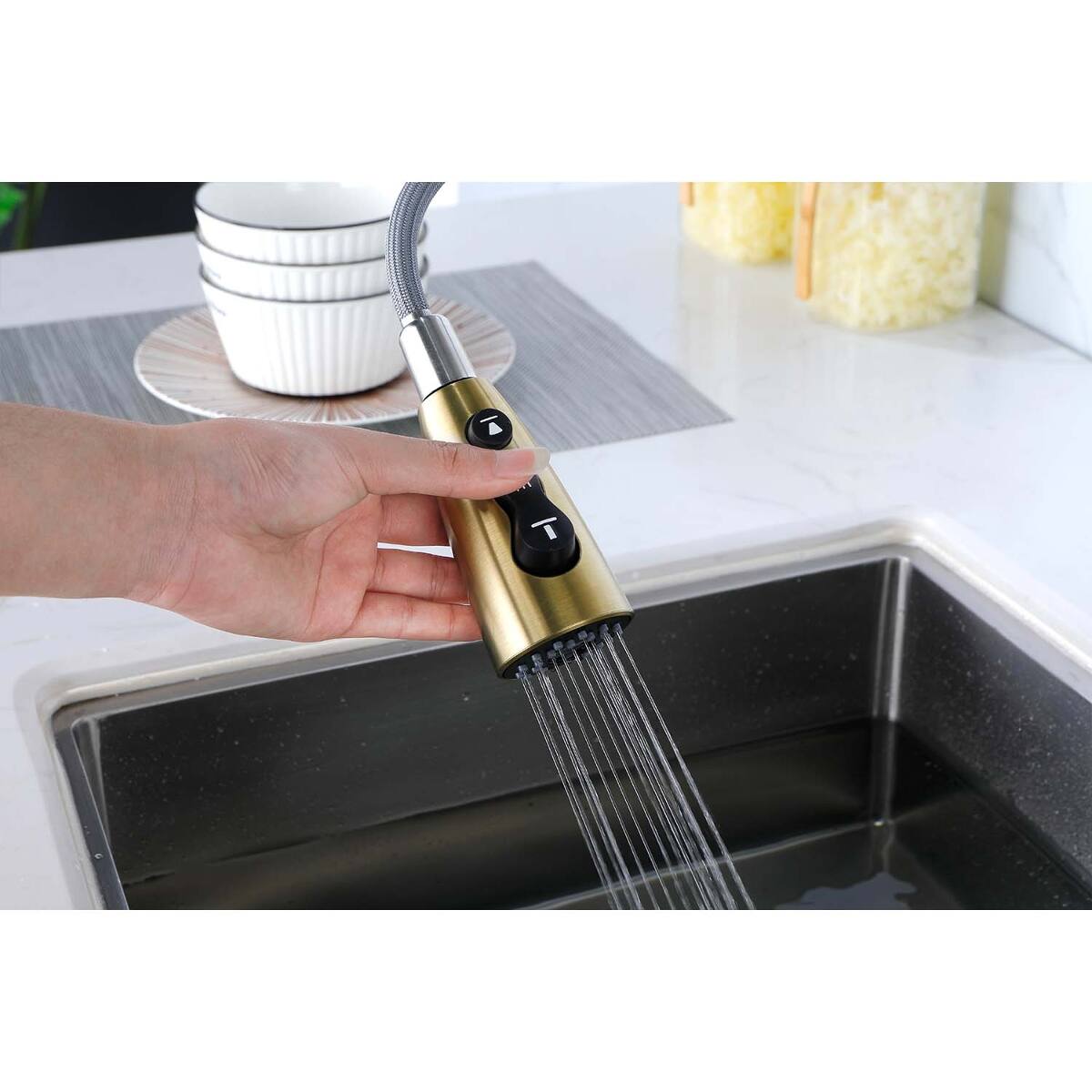 Alt View 7. Ropilly - Ropilly Pull Down Kitchen Faucet Brushed Gold Stainless Steel Single Handle Sink Faucet with Sprayer - Brushed Gold.