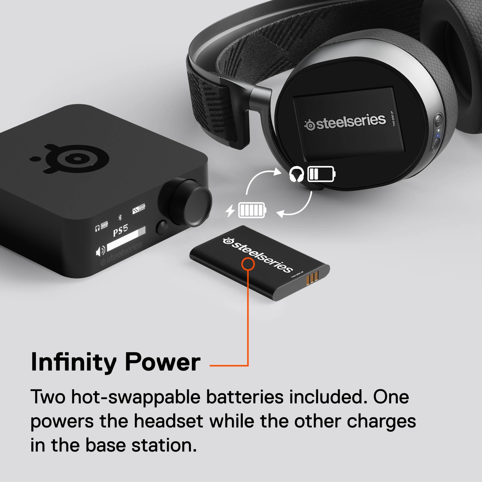 steelseries AR 7o  M  PS5 steelseries 7 steelseries Infinity Power Two hot-swappable batteries included. One powers the headset while the other charges in the base station.