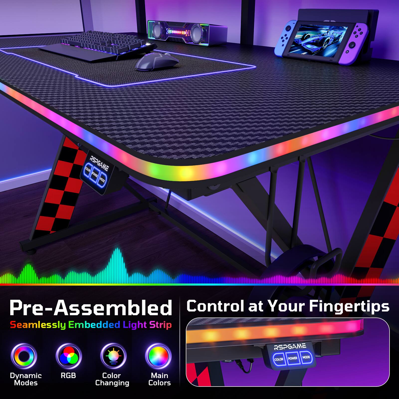 Pre-Assembled  
Seamlessly Embedded Light Strip

Control at Your Fingertips

Dynamic Modes  
RGB  
Color Changing  
Main Colors