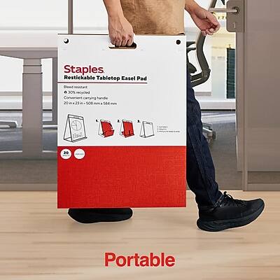 Staples Restickable Tabletop Easel Pad  
Bleed resistant  
30% recycled  
Convenient carrying handle  
20 in x 23 in (508 mm x 584 mm)  
2 mil  
Portable