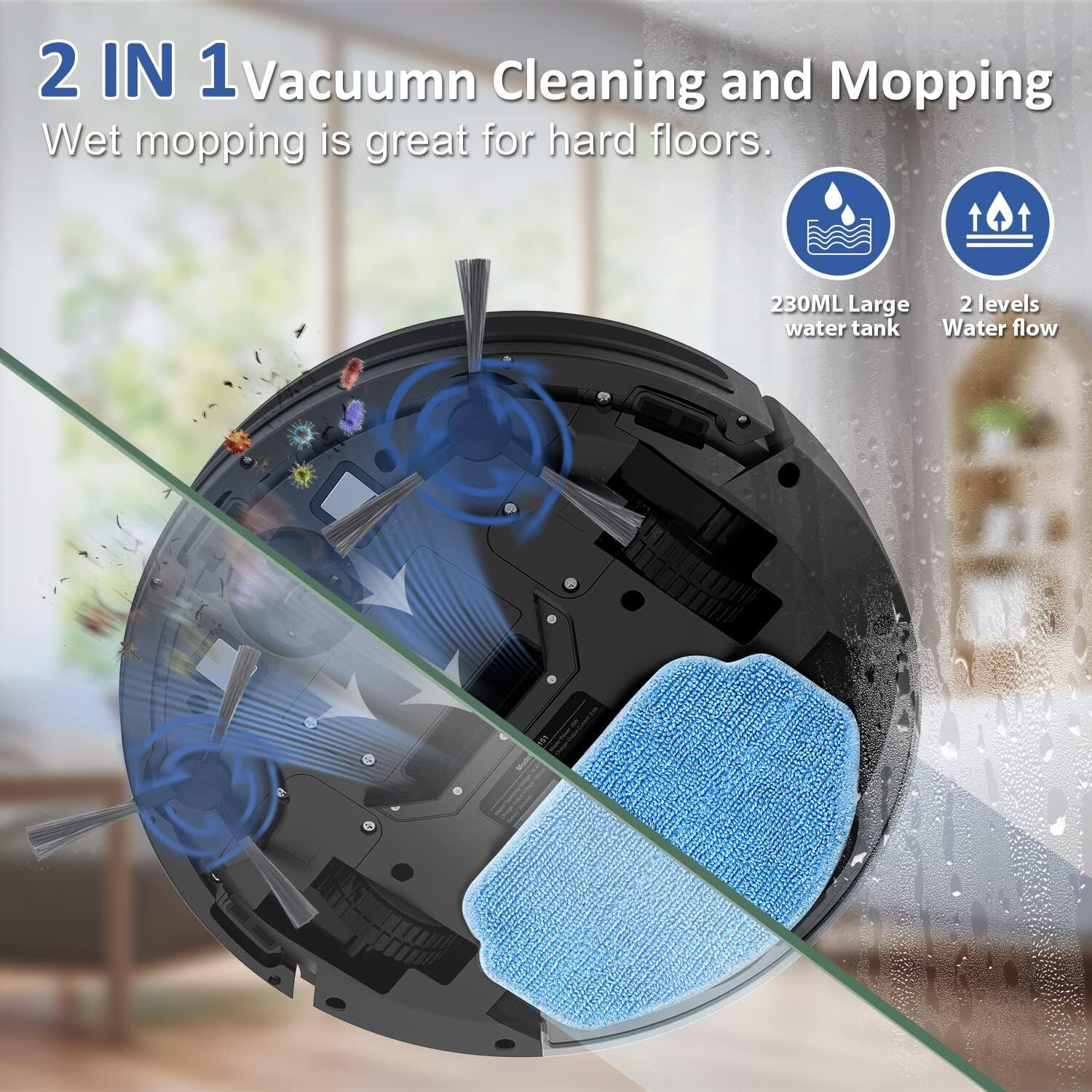 2 IN 1 Vacuum Cleaning and Mopping  
Wet mopping is great for hard floors.  

230ML Large water tank  
2 levels Water flow