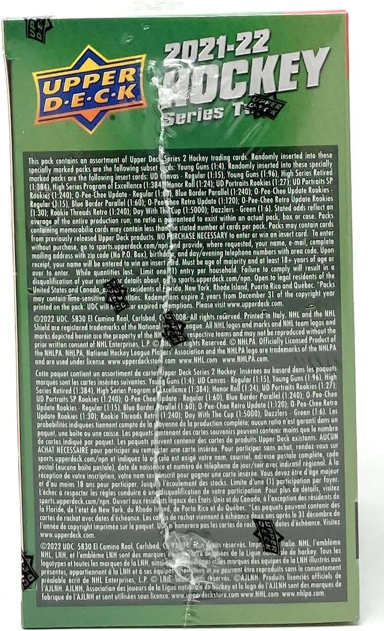 2021-22 Upper Deck Hockey Series 2

This pack contains an assortment of Upper Deck Series 2 Hockey trading cards. Randomly inserted into these specially marked packs are the following insert cards: UD Invas - Young Guns (1:4), Randomly inserted into these specially marked packs are the following insert cards: UD Invas - Young Guns (1:96), High Series Retired (1:384), Honor Roll (1:240), UD Portraits (1:240), O-Pee-Chee Update Regular (1:15), O-Pee-Chee Update Rookies (1:120), O-Pee-Chee Retro Update Rookies (1:240), Rookie Threads (1:240), Day With The Cup (1:5000), Dazzlers (1:30). The odds of the entire production run are the same as the odds reflected on the card. Packs containing memorabilia cards may contain less than the stated number of cards per pack. Packs may contain cards from previously released Upper Deck products. NO PURCHASE NECESSARY to enter or win an insert card. To enter, go to upperdeck.com/npn.