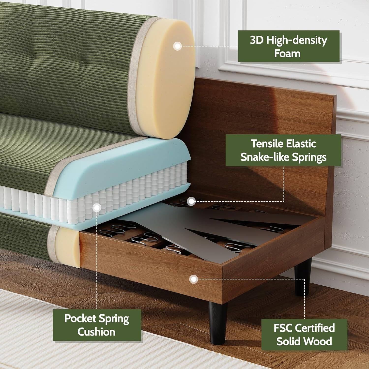 3D High-density Foam  
Tensile Elastic Snake-like Springs  
Pocket Spring Cushion  
FSC Certified Solid Wood