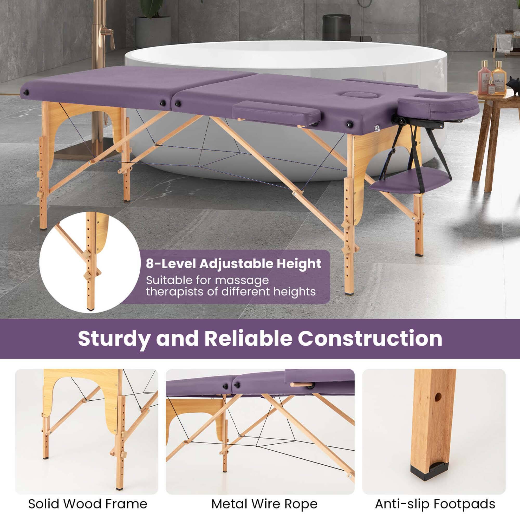 8-Level Adjustable Height  
Suitable for massage therapists of different heights  

Sturdy and Reliable Construction  
Solid Wood Frame  
Metal Wire Rope  
Anti-slip Footpads