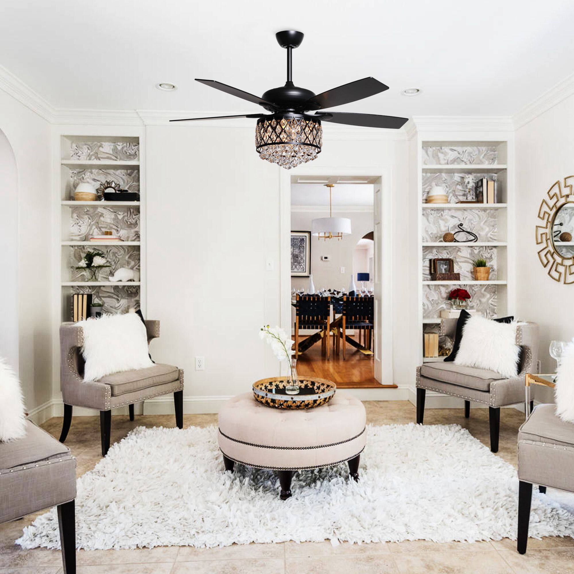 Alt View 1. Parrot Uncle - 52" Modern Black Crystal Chandelier Indoor Ceiling Fan with Remote - Black.