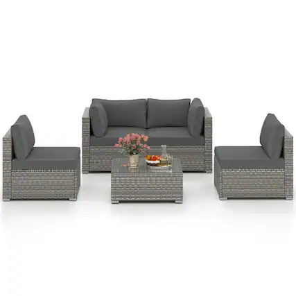 Front. Kadyn - Patio Furniture Sets,Outdoor Patio Furniture Sets,5-Pc Outdoor Patio Sectional Sofa Couch and Glass Coffee Table - Gray.