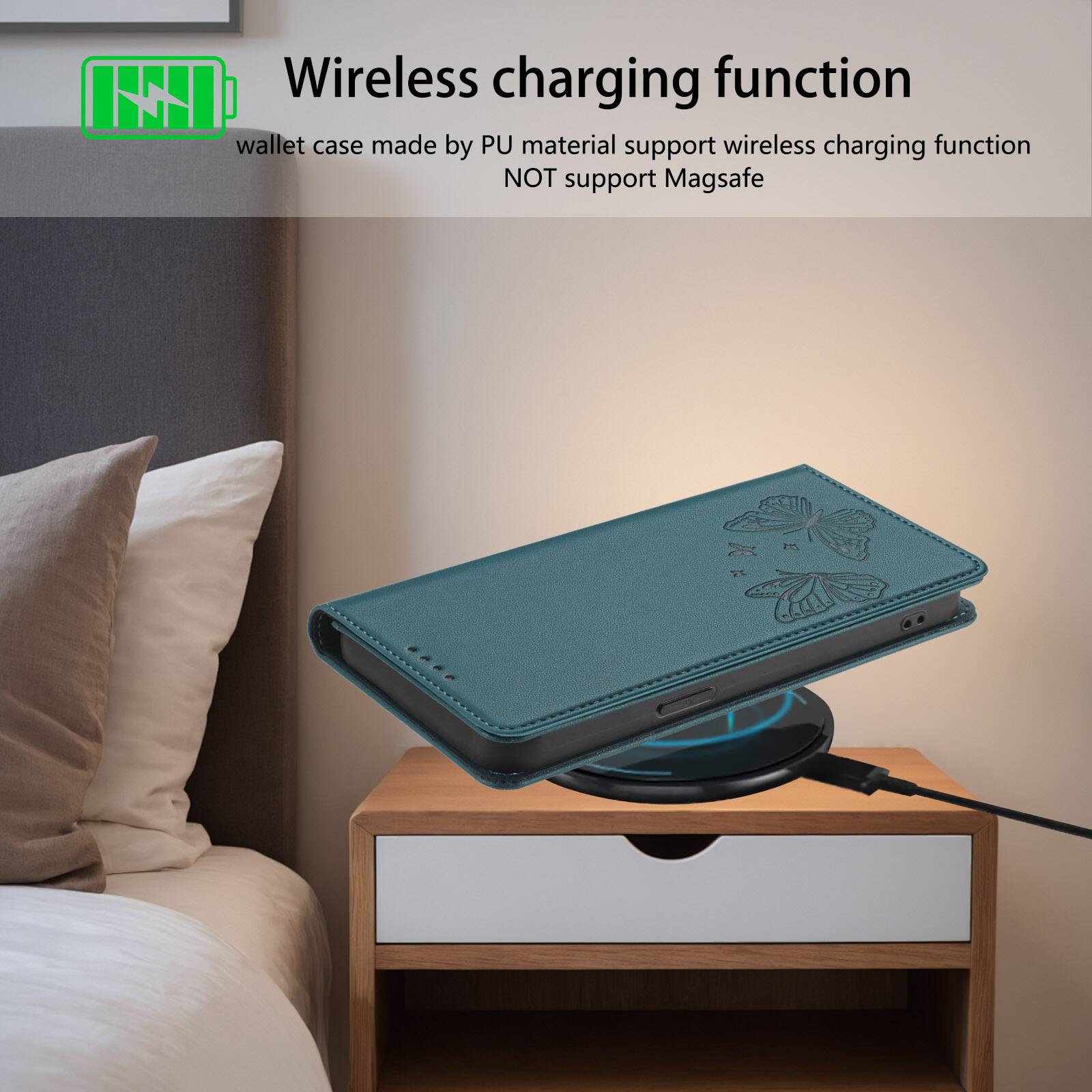 Wireless charging function

wallet case made by PU material support wireless charging function NOT support Magsafe