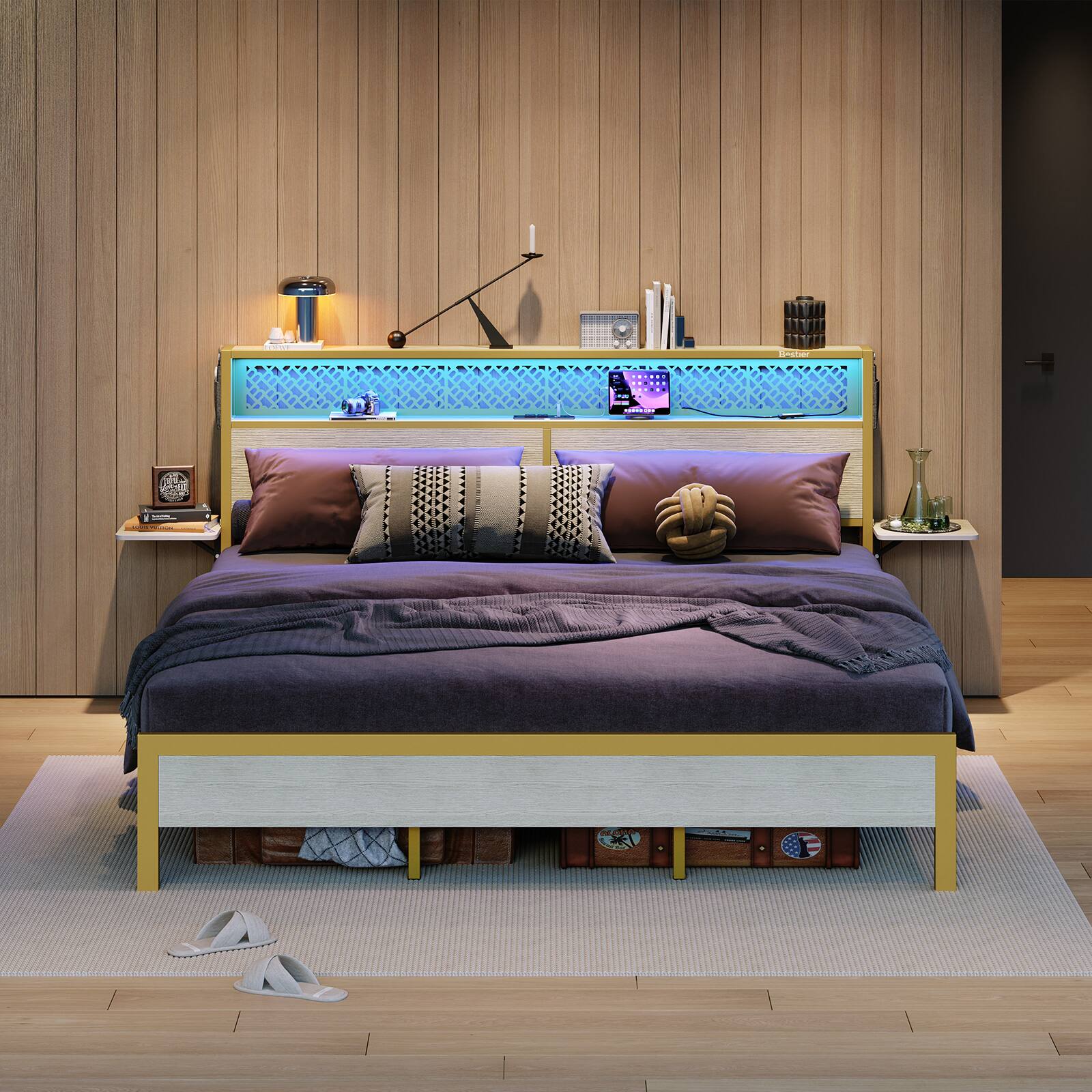 Alt View 4. Bestier - Queen Gaming Bed Frame with Headboard Foldable Shelves LED Lighting Charging Station Non-Slip Metal - White Oak.