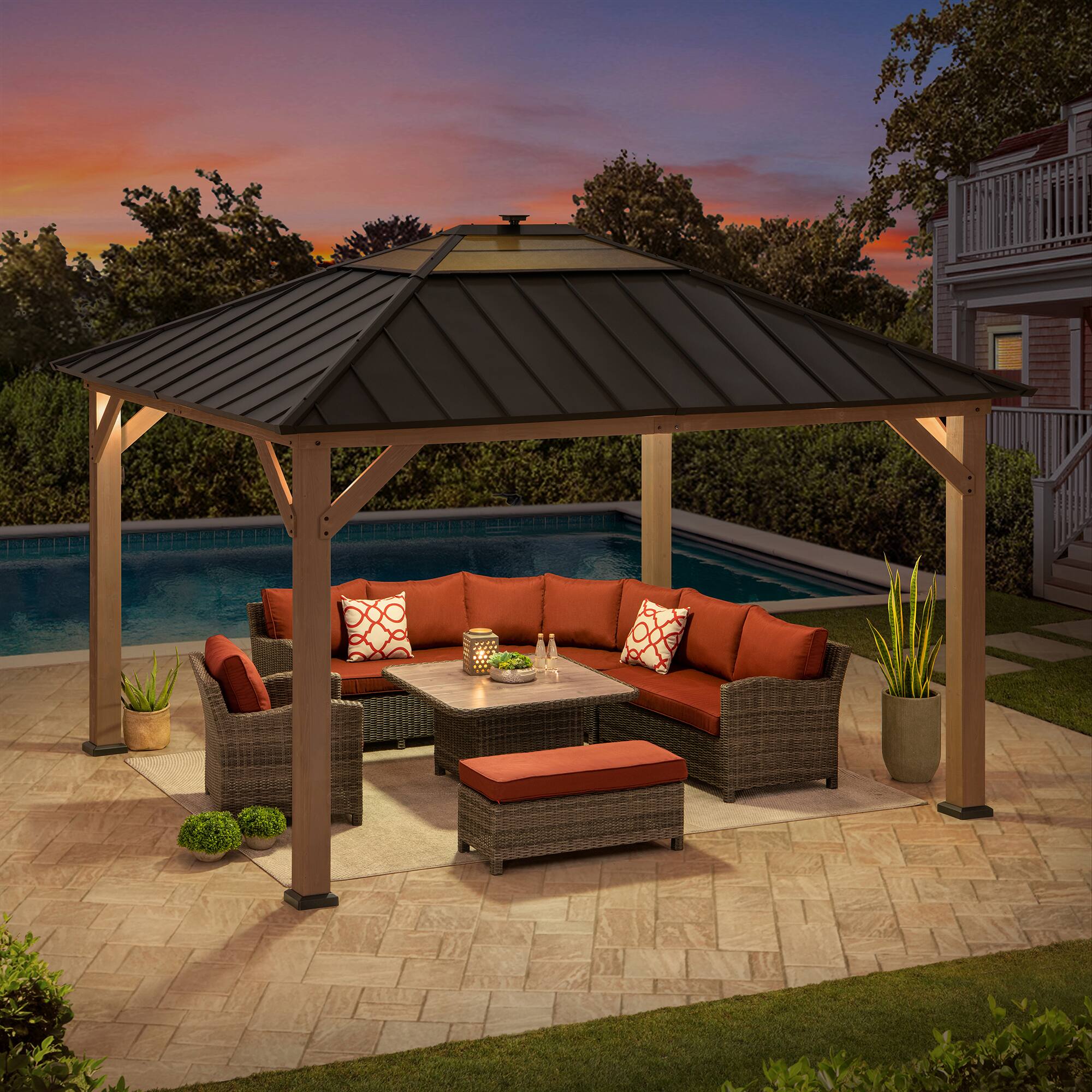Alt View 5. SUNJOY - Sunjoy 11 ft. x 13 ft. Cedar Framed Gazebo with Steel and Polycarbonate Hip Roof with Solar Powered LED lights - Brown - Brown.