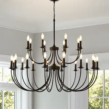 Front. RYHNUYNE - 24 Lights Black Chandelier, 2-Tier Farmhouse Chandeliers for Dining Room, Large Industrial Candle Pendant Light Fixtures - Black.