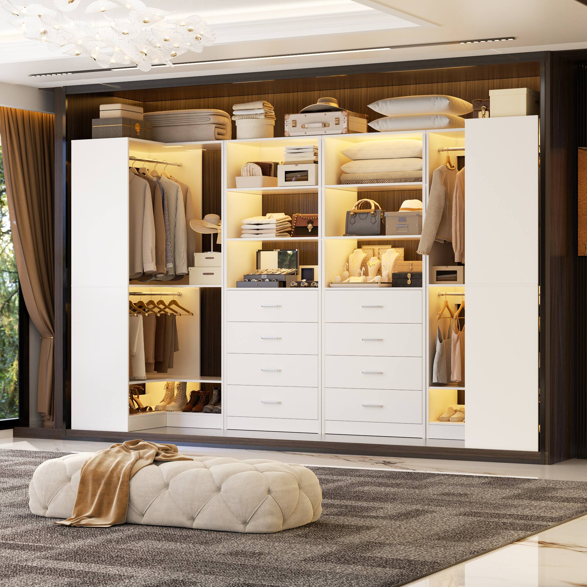 Alt View 1. Aheaplus - U-Shaped Closet Organizer System, 104'' W Wardrobe System with 8 Drawers, 4 Hanging Rods & 13 Storage Shelves - White.