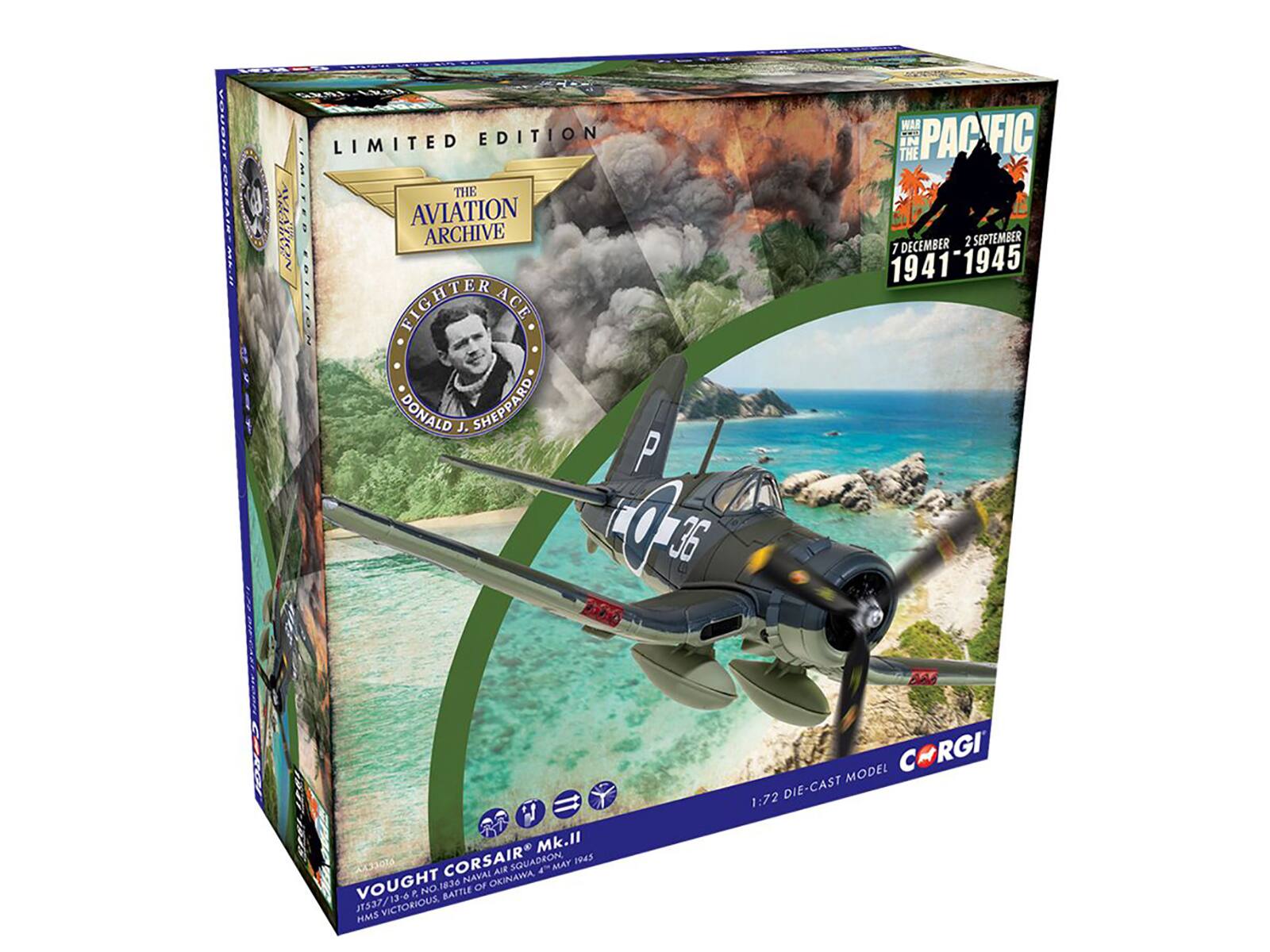 LIMITED EDITION  
AVIATION ARCHIVE  
THE M.R. FIGHTER ACE EDITION  
DONALD J. SHEPPARD  

WAR IN THE PACIFIC  
7 DECEMBER 1941 - 2 SEPTEMBER 1945  

VOUGHT CORSAIR Mk.II  
VOUGHT NAVAL AIR SQUADRON  
NO.1836  
BATTLE OF OKINAWA  

1:72 DIE-CAST MODEL  
CORGI