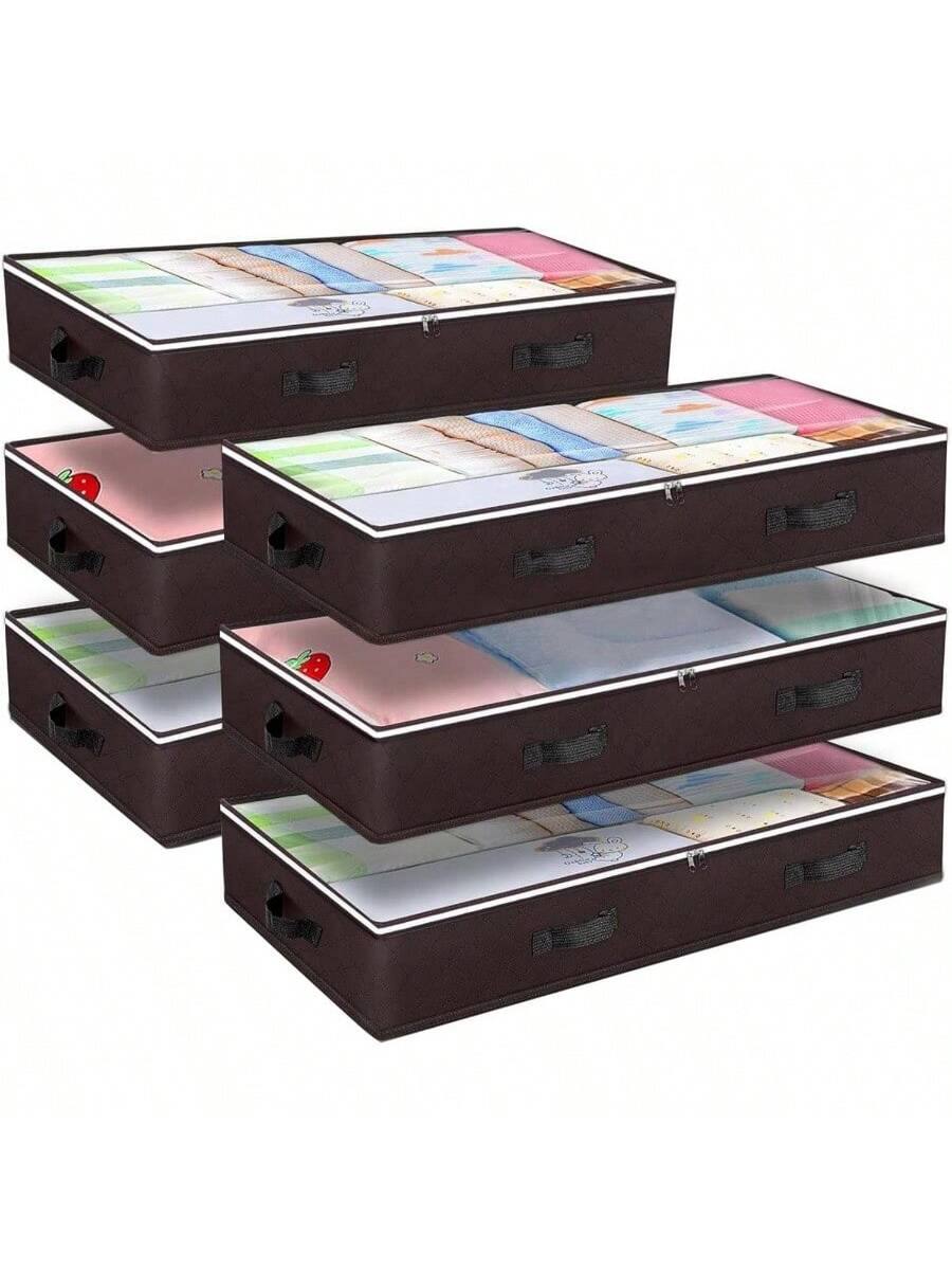 Live At Space - 90L Under Bed Storage Containers, Closet Organizers and Bins, Foldable Underbed Bags Blanket, Clothing, Comforter - Brown + 6 Pack