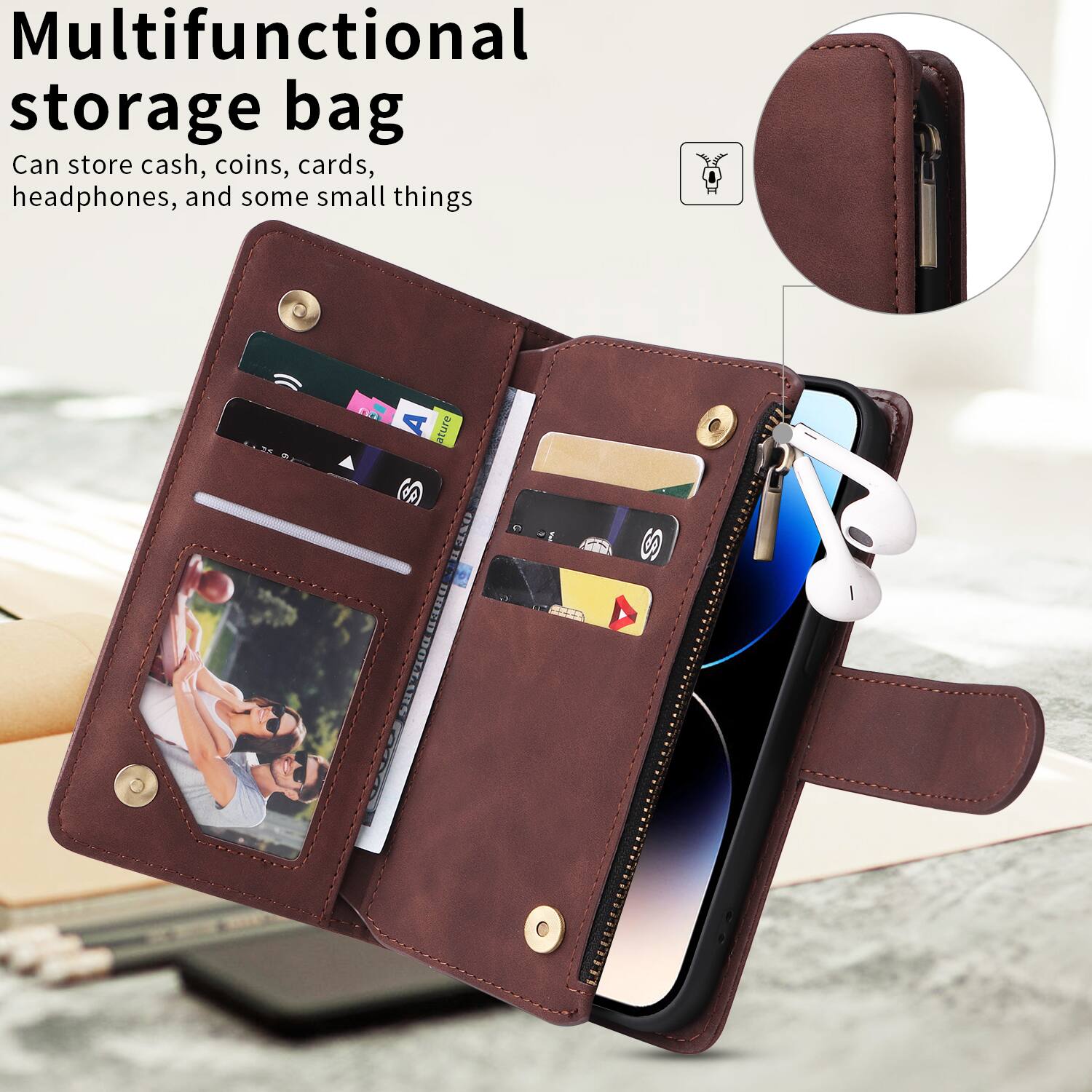 Multifunctional storage bag  
Can store cash, coins, cards, headphones, and some small things