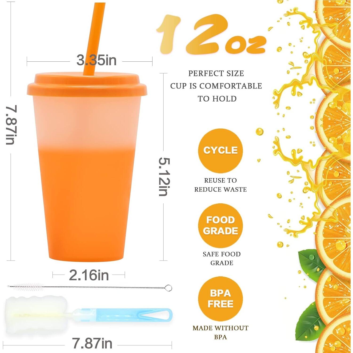 12 oz, 3.35 in, 7.87 in, 5.12 in, 2.16 in, 7.87 in

Perfect size cup is comfortable to hold

Cycle: Reduce reuse waste

Food grade: Safe food grade

BPA free: Made without BPA