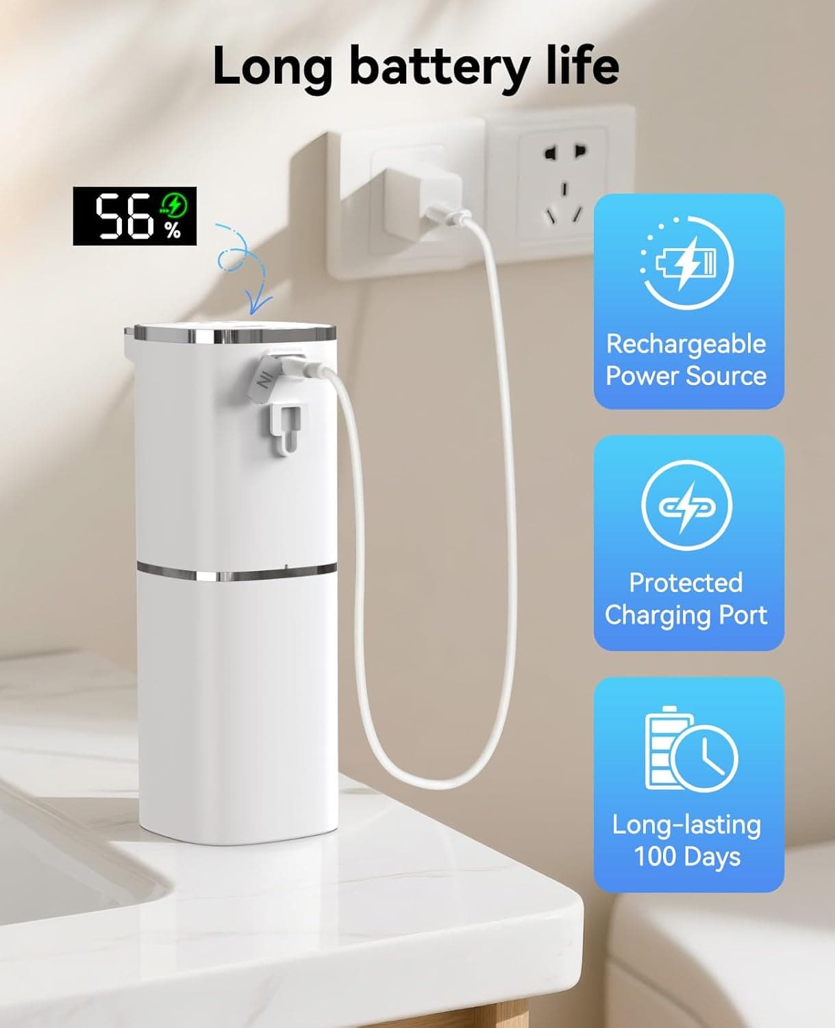 Long battery life  
56%  
Rechargeable Power Source  
Protected Charging Port  
Long-lasting 100 Days