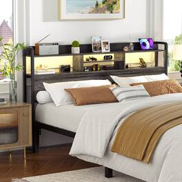 Aheaplus - King Headboard Only, King Size Headboard with Charging Station, RGB LED Light, and Bookcase Storage - Gray Oak