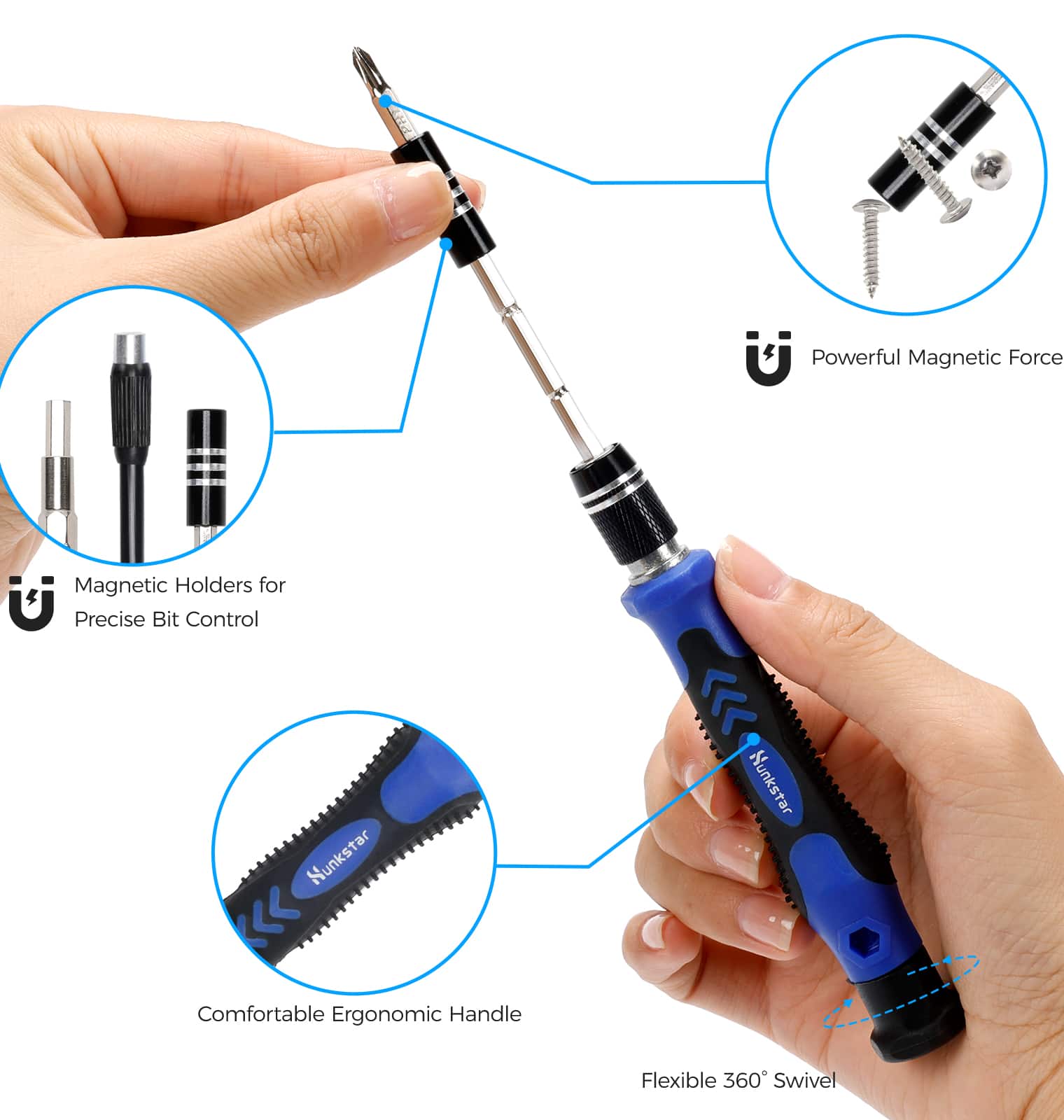 The image features a hand holding a blue tool, which is a magnetic bit holder. The tool is designed to provide precise bit control and is part of the Pelli Hunkstar product line. The magnetic bit holder is equipped with a comfortable ergonomic handle and a flexible 360-degree swivel, making it a versatile and convenient tool for various tasks.