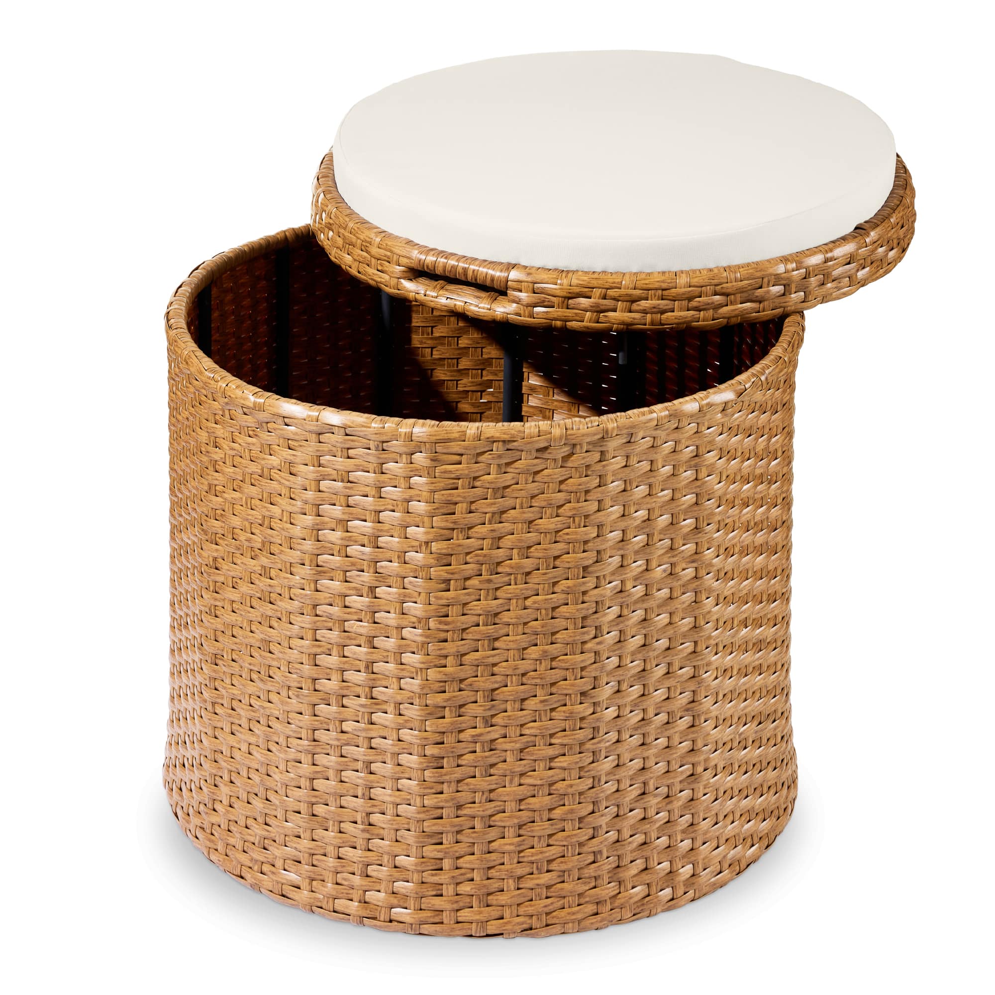 Best Choice Products - Round Wicker Ottoman, Multipurpose Furniture w/ Removable Cushion, Steel Frame - Natural/Ivory