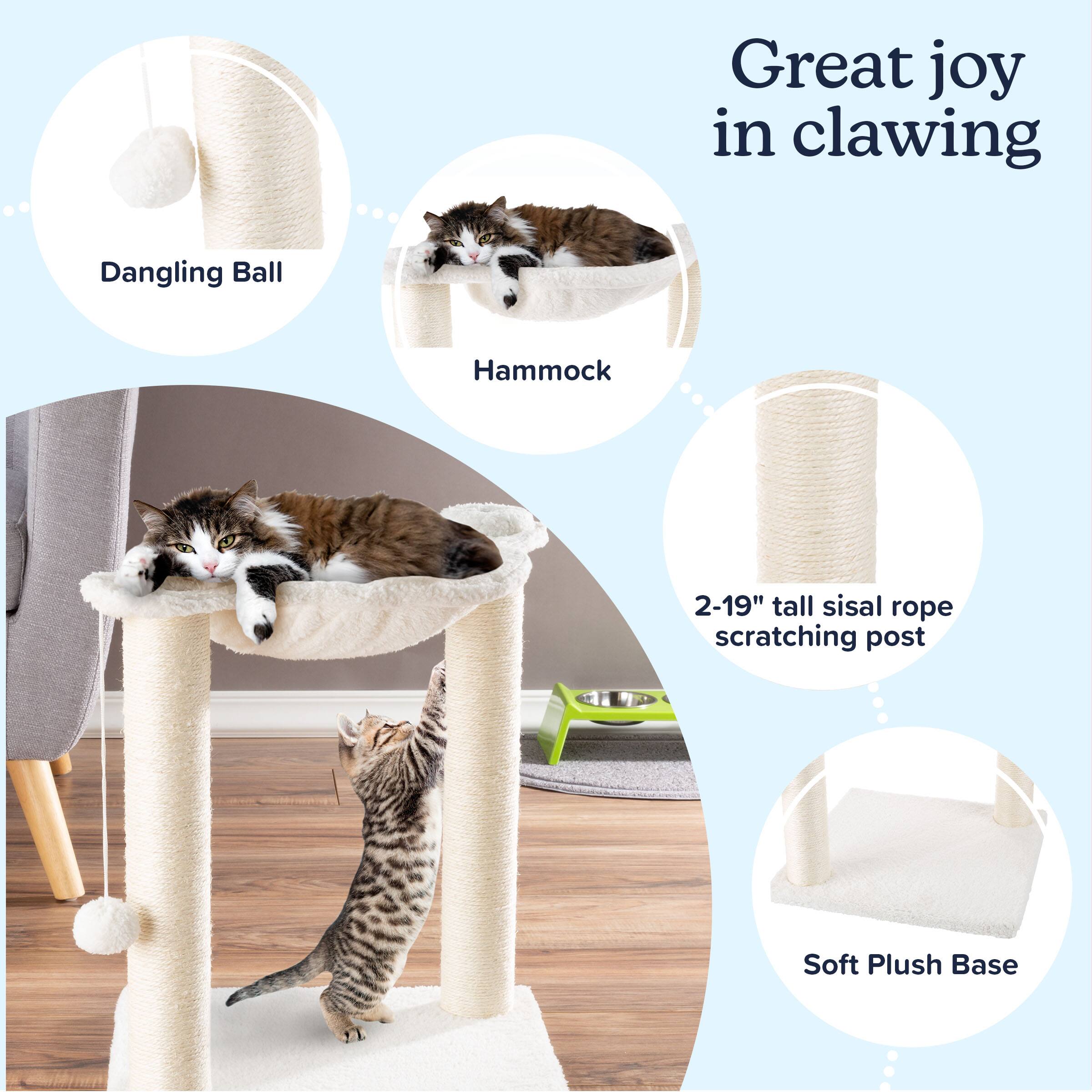 Great joy in clawing  
Dangling Ball Hammock  
2-19" tall sisal rope scratching post  
Soft Plush Base