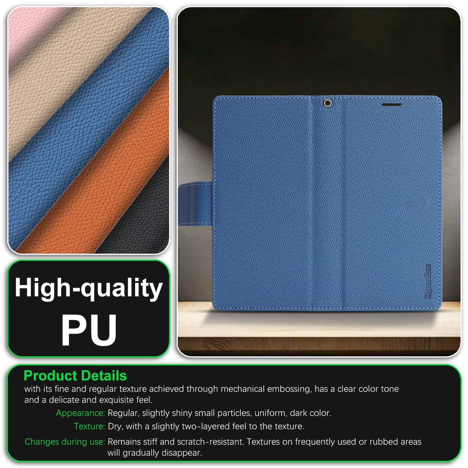 High-quality PU Product Details

with its fine and regular texture achieved through mechanical embossing, has a clear color tone and a delicate and exquisite feel.

Appearance: Regular, slightly shiny small particles, uniform, dark color.

Texture: Dry, with a slightly two-layered feel to the texture.

Changes during use: Remains stiff and scratch-resistant. Textures on frequently used or rubbed areas will gradually disappear.
