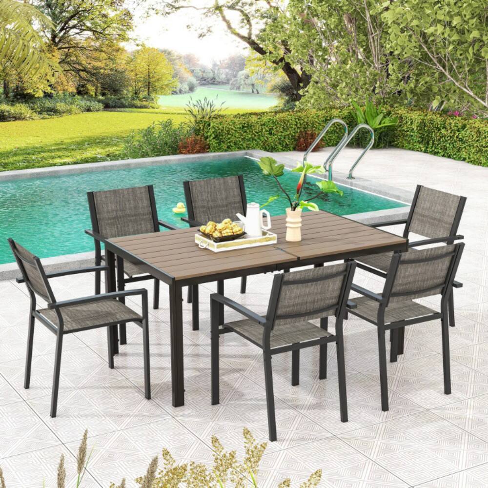 Left. Mondawe - 7 Piece Outdoor Dining Set with 6 Stackable Chairs and Large Rectangle Table - Grey.