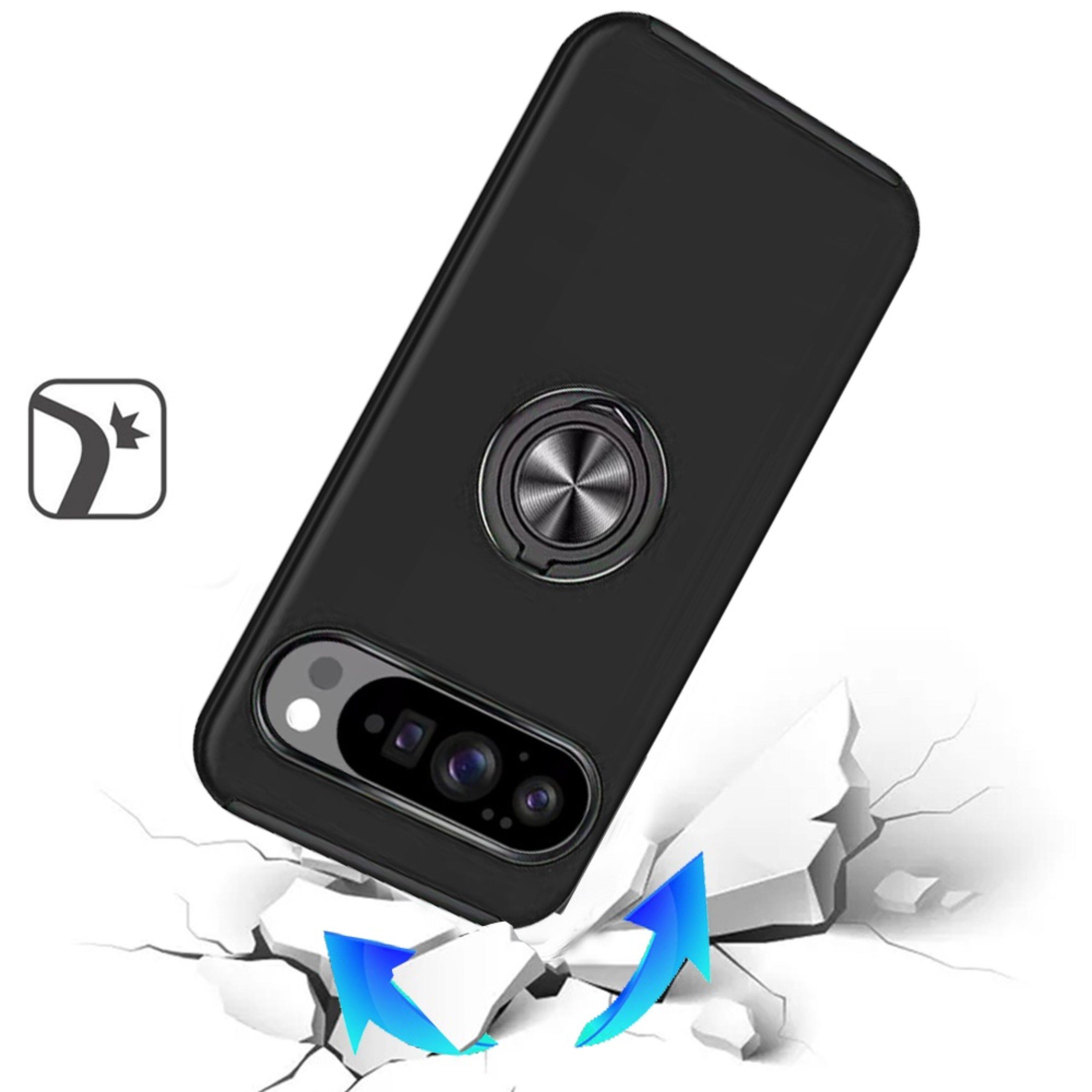 Left. Kitcheniva - Durable Dual Layer Rubber Ring Holder Protective Case With Tempered Glass For Google Pixel 10/10 Pro Black - Black.