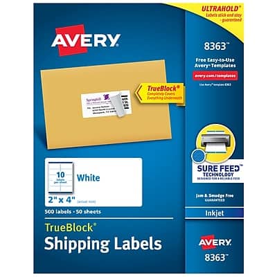 Avery - TrueBlock Inkjet Shipping Labels, 2" x 4", 500 Labels/Box - White