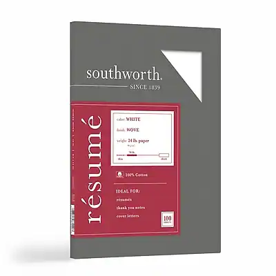 southworth
SINCE 1839
resume
color: WHITE
finish: WOVE
weight: 24 lb paper
100% Cotton
IDEAL FOR:
resumes
thank you notes
cover letters
100