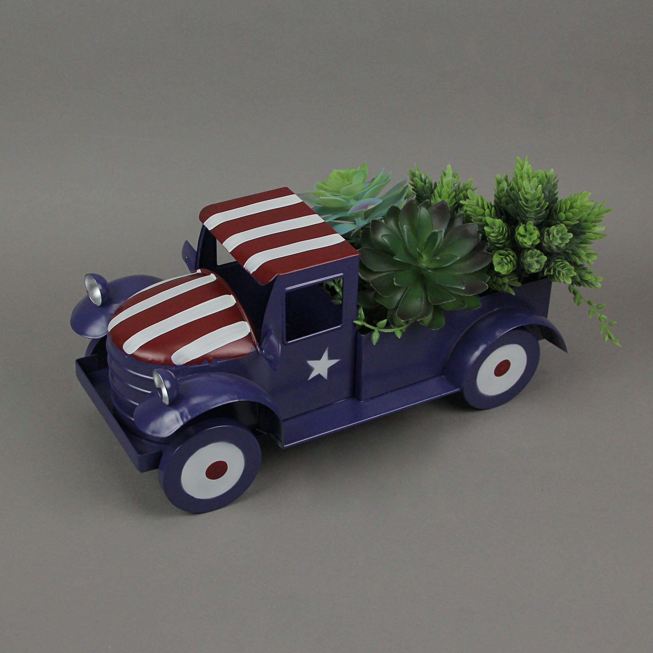 Alt View 1. Things2Die4 - Rustic Blue Metal Vintage Patriotic Pickup Truck Planter Antique Stars & Stripes - Blue.