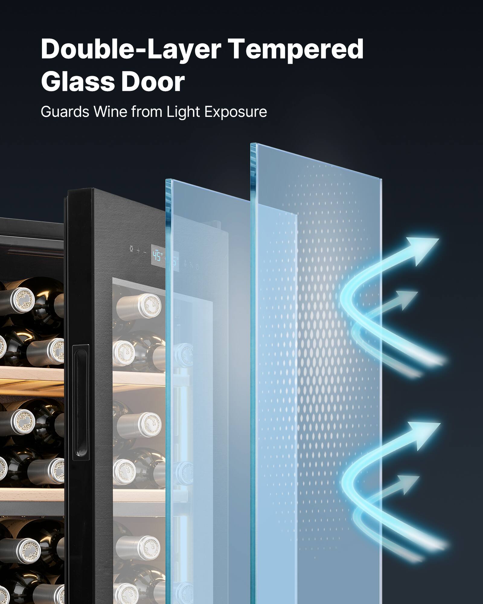 Double-Layer Tempered Glass Door  
Guards Wine from Light Exposure