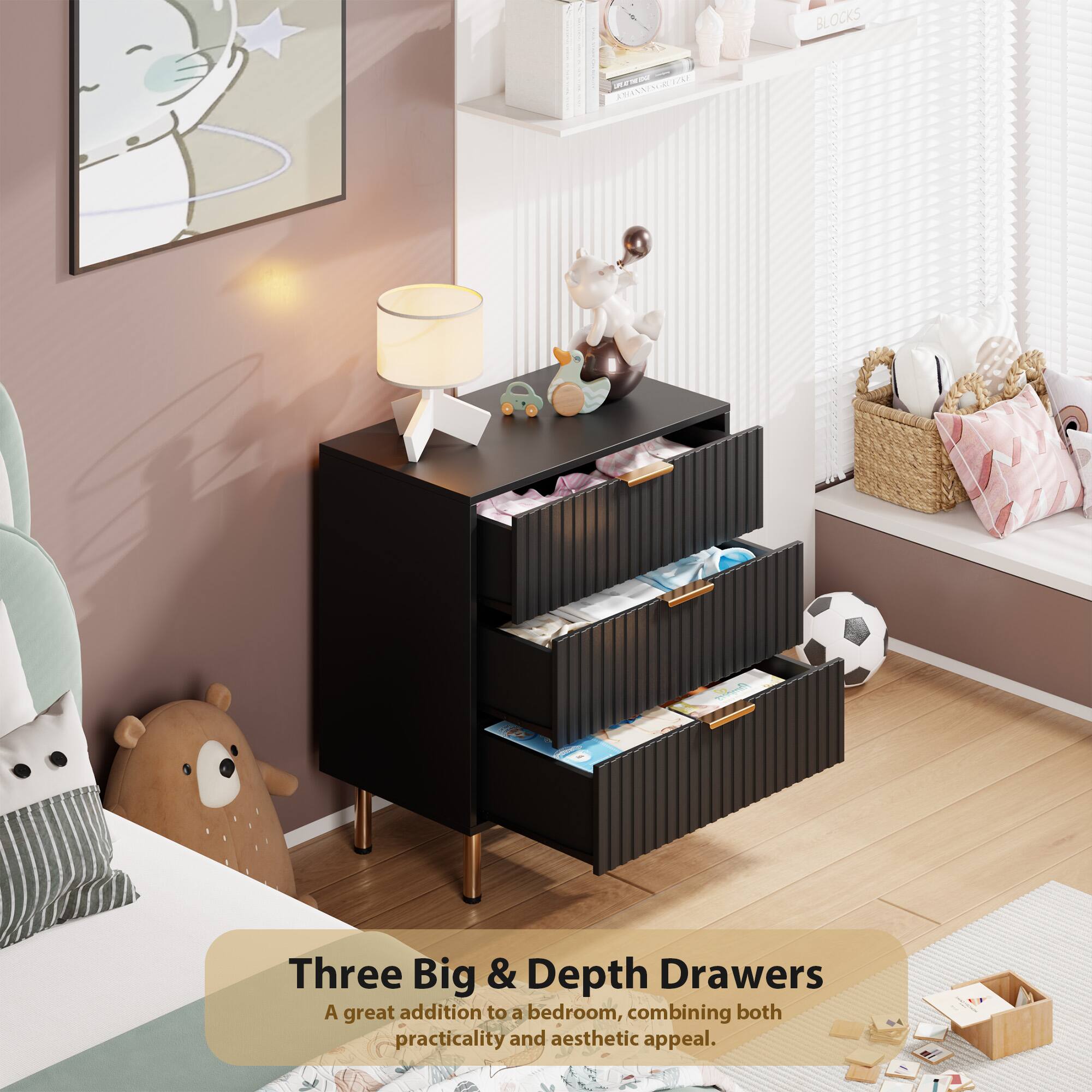 Three Big & Depth Drawers  
A great addition to a bedroom, combining both practicality and aesthetic appeal.