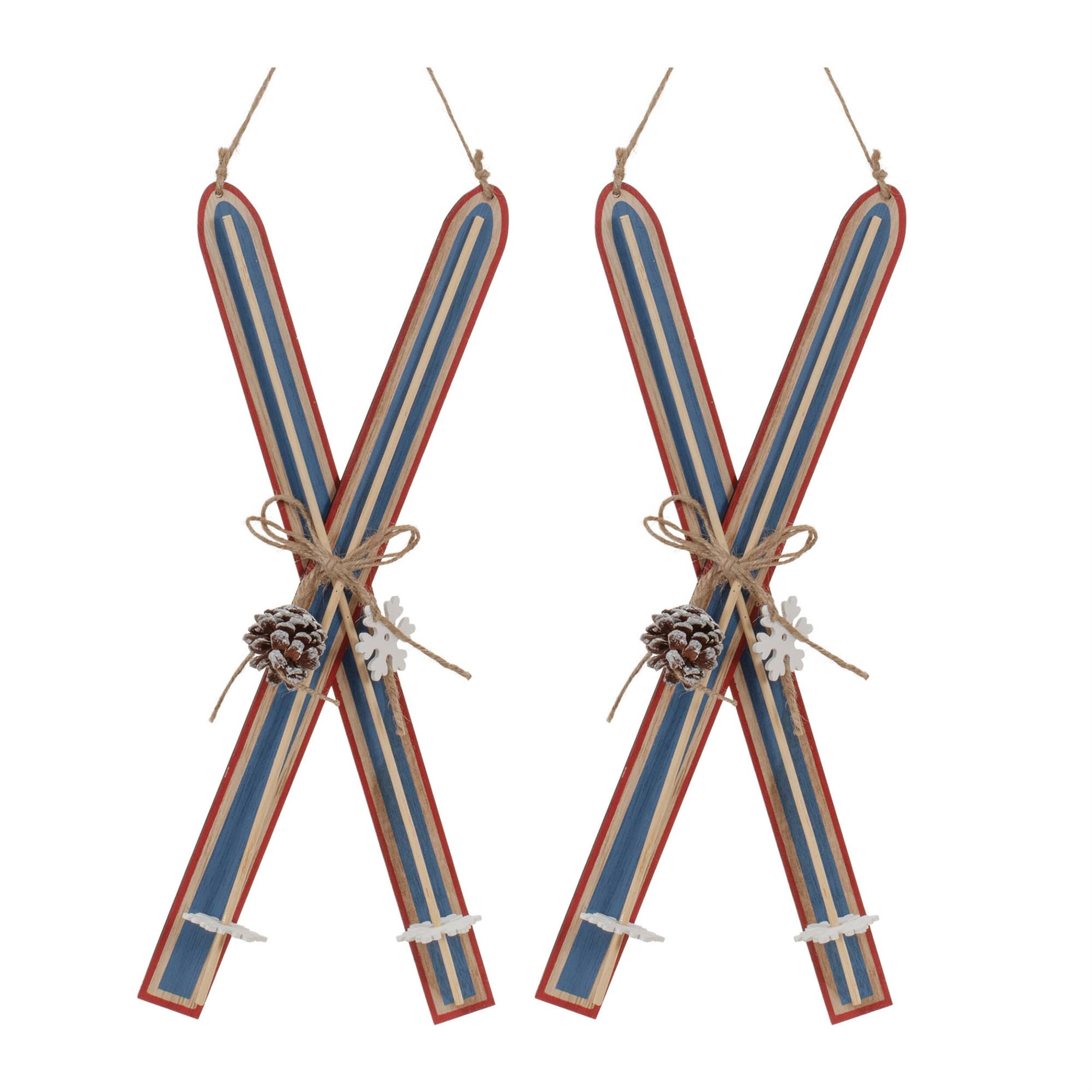 Left. BreeBe - Wood Ski Ornament (Set of 2) - White, Blue.
