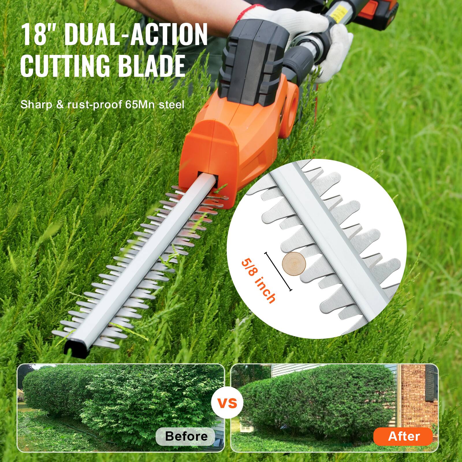 18" DUAL-ACTION CUTTING BLADE  
Sharp & rust-proof 65Mn steel  

5/8 inch  

Before vs After